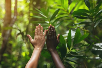 Raised mixed ethnicity hands in a forest