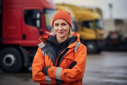 Middle aged woman in high visibility jacket with trucks in background