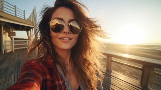 phone photo selfie, of a beautiful ethnic woman on a boardwalk at the beach without sunglasses on, boring posted on Snapchat