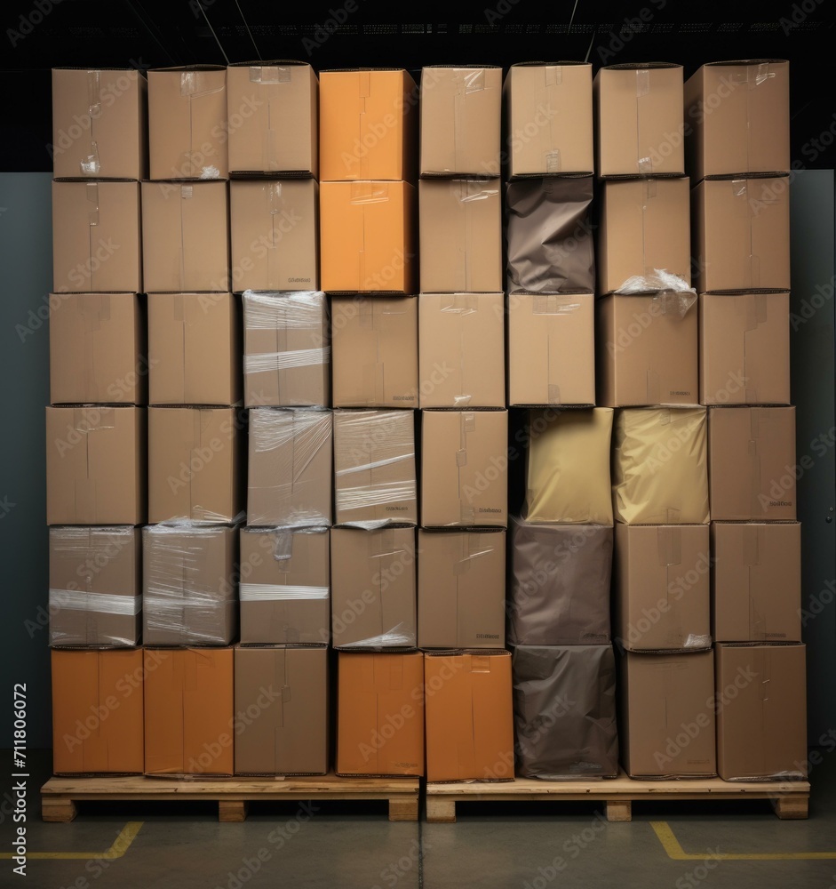 Poster a large pile of boxes stacked on pallets. generative ai.