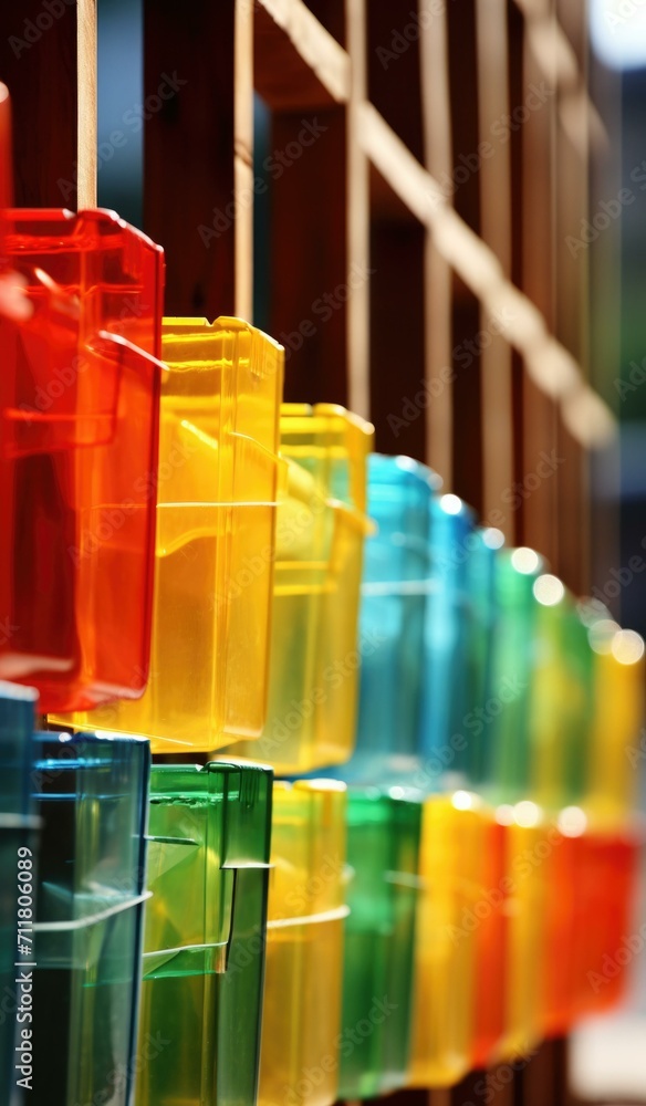 Poster a row of colorful plastic containers. generative ai.