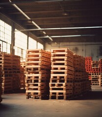 A warehouse with many pallets stacked up. Generative AI.