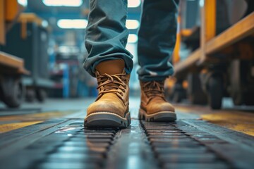 Man walking in work boots on metal floor industrial setting - obrazy, fototapety, plakaty
