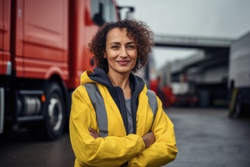 Middle aged woman in high visibility jacket with trucks in background - obrazy, fototapety, plakaty
