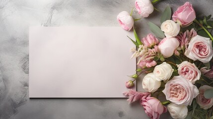 wedding or birthday layout scene featuring a blank greeting card on a concrete table background.