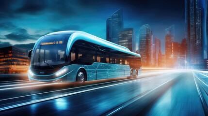 Fototapeta premium Bus on the road with high speed motion blur and modern city background