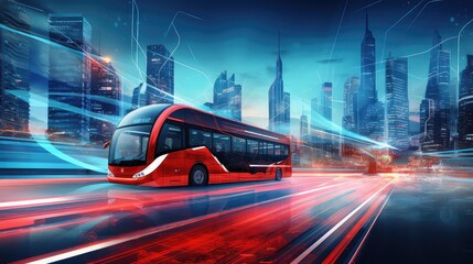Bus on the road with high speed motion blur and modern city background