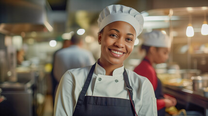 Portrait of an African American woman Chef, working in her kitchen, in the background you can see her team of cooks. Generated with artificial intelligence