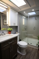 Modern bathroom with dark vanity and white cabinets