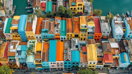 Colorful aerial view of a quaint urban landscape with river - Powered by Adobe