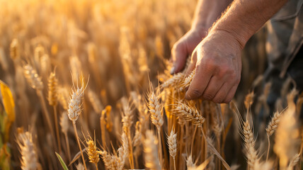 Vista de cerca de un agricultor recogiendo trigo con sus manos.
