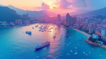 Picturesque sunset over bustling coastal city with boats on water
