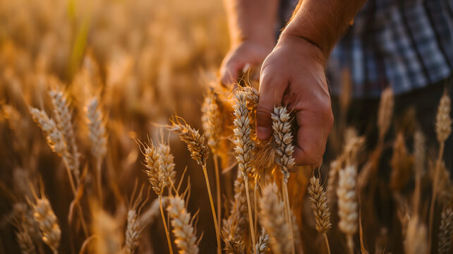 Vista de cerca de un agricultor recogiendo trigo con sus manos.