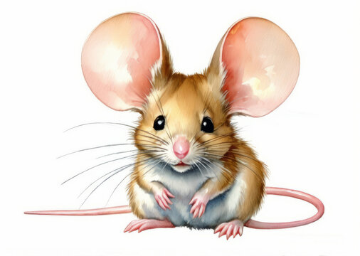 Close-up of a beautiful little mouse with big ears, watercolor, isolate