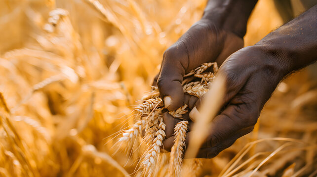 Vista de cerca de un agricultor recogiendo trigo con sus manos.