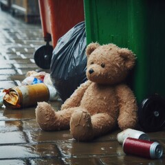 A toy bear lying near trash cans in the rain.