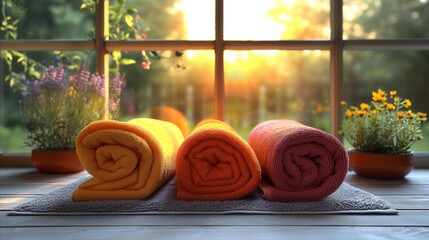 Serene spa setting with rolled towels and flowers by sunset