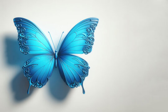 Blue butterfly on a clean background. Space for text. 3D image.
