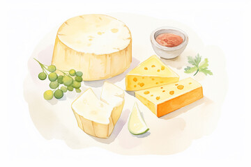 Cheese, gourmet illustration , cartoon drawing, water color style, AI Generated