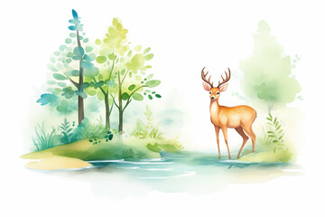 Deer, forest backdrop , cartoon drawing, water color style, AI Generated
