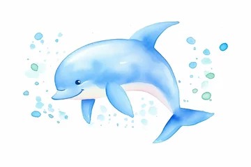 Badezimmer Foto Rückwand Dolphin, playful leap , cartoon drawing, water color style, AI Generated © Watercolorbackground