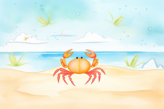 Crab, seaside theme , cartoon drawing, water color style, AI Generated