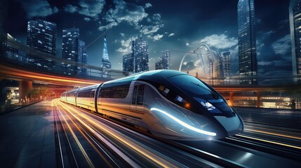 Fototapeta premium High speed train in the city with motion blur. Concept of fast travel.