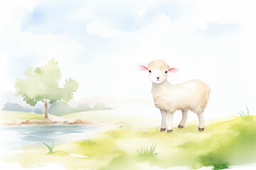Obraz na płótnie Canvas Lamb, pastoral scene , cartoon drawing, water color style, AI Generated