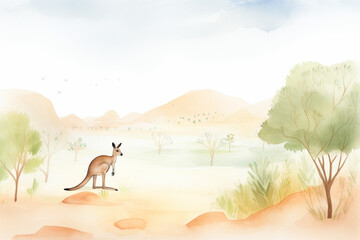 Kangaroo, outback scene , cartoon drawing, water color style, AI Generated