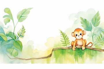 Monkey, jungle setting , cartoon drawing, water color style, AI Generated