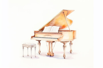 Piano, classic realism , cartoon drawing, water color style, AI Generated