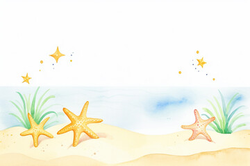 Fototapeta na wymiar Starfish, beach ambiance , cartoon drawing, water color style, AI Generated
