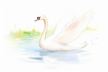 Swan, elegant glide , cartoon drawing, water color style, AI Generated