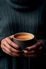 Woman wearing a sweater holding a cup of coffee. Cozy morning. Generative AI