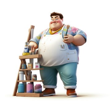 Big fat man painter character 3d. paints, brushes