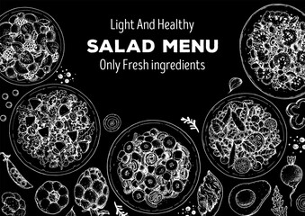 Hand drawn salads. Food top view vector illustration. Healthy eating. Salads collection. Food menu design template. Hand drawn sketch.