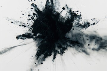 black powder explosion isolated on white background. black dust particles splash. Color Holi...