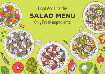 Hand drawn salads. Food top view vector illustration. Healthy eating. Salads collection. Food menu design template. Hand drawn sketch.