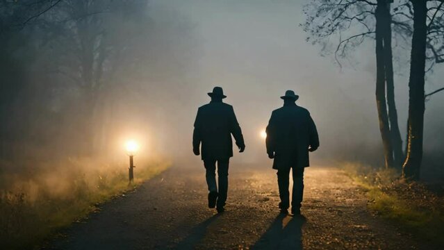 Two Men Walking In The Night Foggy road 