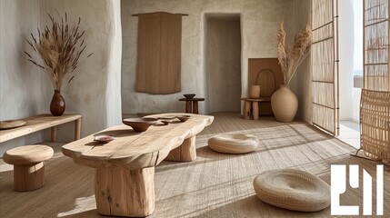 Serene natural interior design with wooden furniture and textured decor