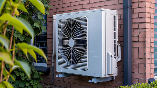 outdoor unit of a modern heat pump standing by the wall	