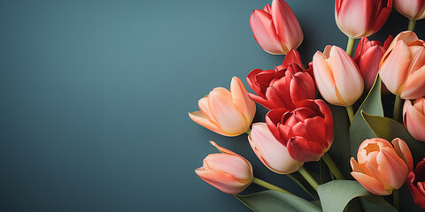Colorful tulip flowers on blue background. Floral wallpaper, banner. February 14, valentine's day,...
