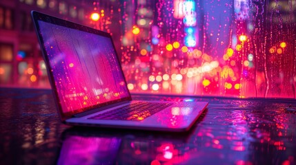 Laptop with glowing keyboard on wet surface in city at night