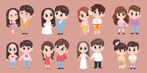 Bride And Groom cute cartoon chibi character, Love, Relationship, Sweetheart, Couple, Engagement, Valentine's Day. Wedding character