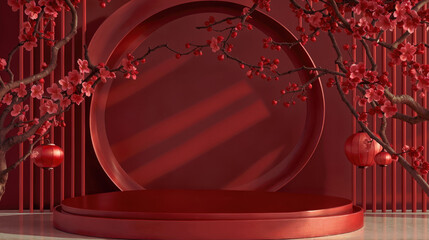 Red Chinese podium for product display surrounded by cherry blossom branches and red lanterns. The background is a red wall with vertical stripes.