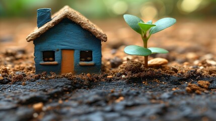 Miniature blue house with green sprouting plant and seed on soil - obrazy, fototapety, plakaty