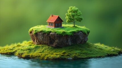 Serene miniature house on a lush green island with tree - obrazy, fototapety, plakaty