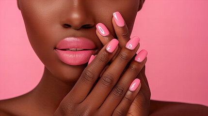 Female hand model with nail polish on her fingernails. Pink nail manicure with gel polish made at luxury beauty salon. 