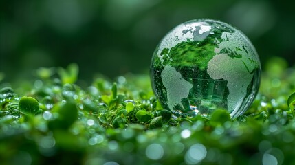 Obraz na płótnie Canvas Crystal globe resting on dewy green leaves illustrating environmental concept