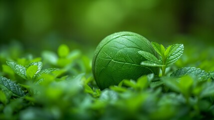 Green basketball blending with nature among fresh leaves